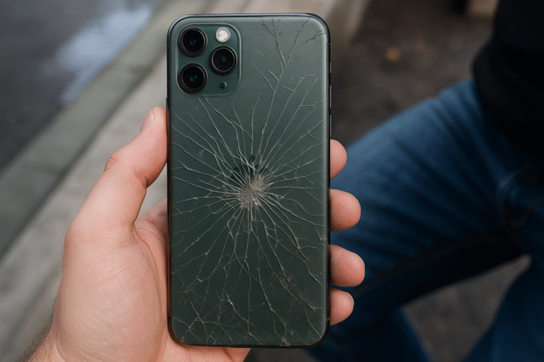 Person Holding iphone 11 pro cracked backglass