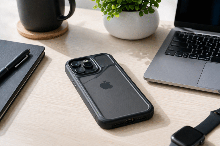 Modern desk with tech essentials